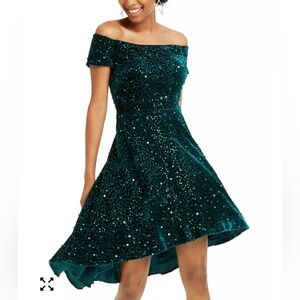 Morgan & Co. Green Velvet Sequined Off-The-Shoulder Dress